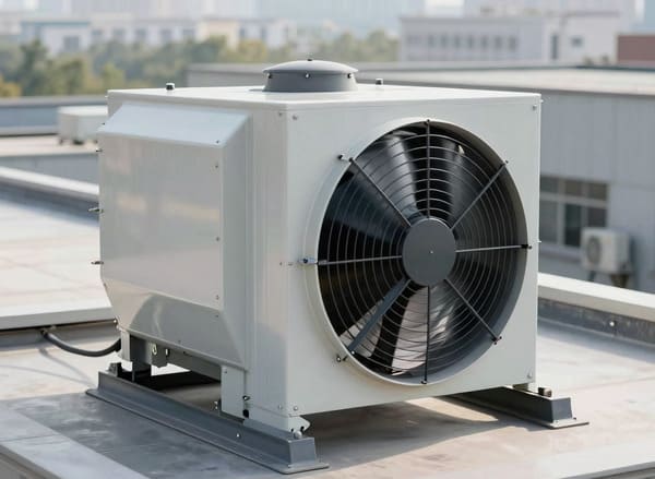 Крышный вентилятор в металлическом корпусе на кровле здания