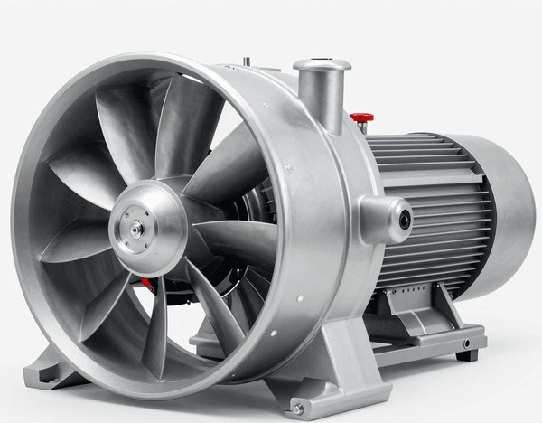 Промышленный осевой вентилятор низкого давления в металлическом корпусе с электродвигателем, вид спереди сбоку