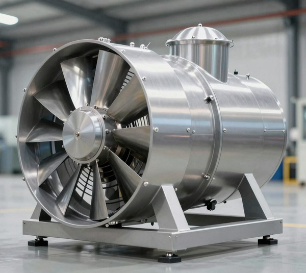 Промышленный осевой вентилятор высокого давления в металлическом корпусе с электродвигателем, вид спереди сбоку