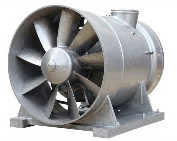 Промышленный осевой вентилятор среднего давления в металлическом корпусе с электродвигателем, вид спереди сбоку