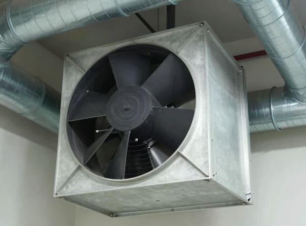 Канальный осевой вентилятор в квадратном корпусе под потолком